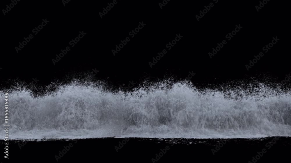 A continuous, powerful line of turbulent ocean waves crashing and splashing with white foam, isolated on a black background for visual effects.