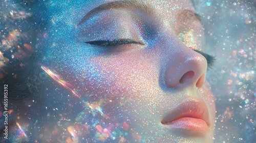 Dreamy Portrait of a Woman Surrounded by Colorful Stardust and Sparkles