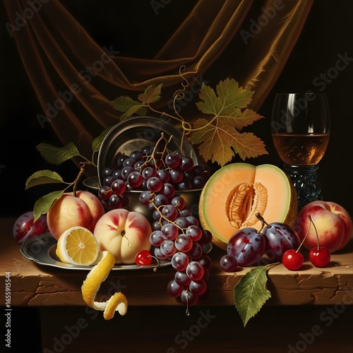 Realistic Still Life Painting of Fruits and Wine on Wooden Table with Draped Fabric