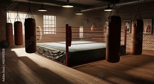 Vintage Boxing Gym Interior: Boxing Ring and Punching Bags, 3D Render