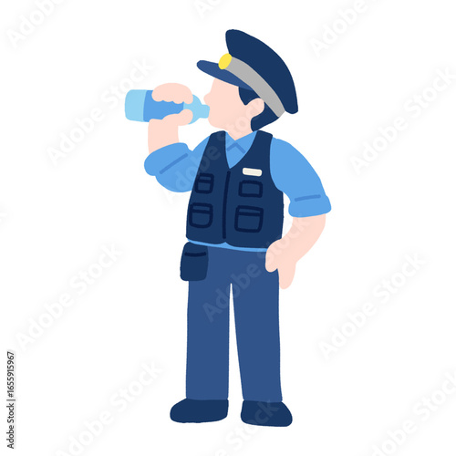 水分補給をする働く人(警察官)のフラットなイラスト