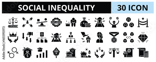 30 Social Inequality Glyph Icons Vector - Discrimination, Prejudice, Racialism, Education level, Wealth, Social class