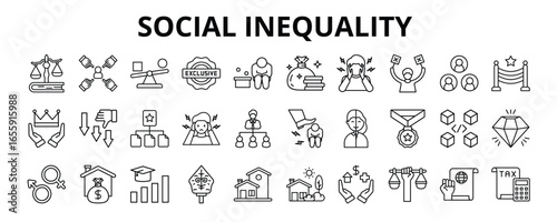 30 Social Inequality Line Icons Vector - Discrimination, Prejudice, Racialism, Education level, Wealth, Social class