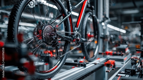 Bicycle manufacturing assembly line with focus on gears and chain detail shot