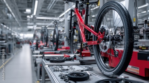 Bicycle assembly line with red frames and wheels in a modern factory setting