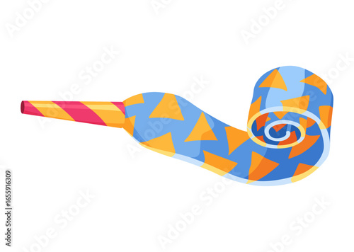 Party blower or noise maker icon. Rolled sound, celebration concept. Flat design of party horn sticker. Vector cartoon illustration