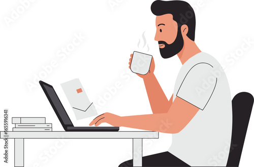 Focused man enjoys coffee while working on laptop with email on screen, productive day