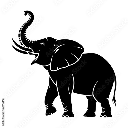 silhouette of an elephant trumpeting with raised trunk in vector style
