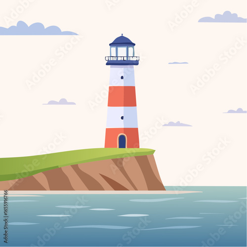 Lighthouse on a cliff edge at dusk near the ocean guards maritime navigation