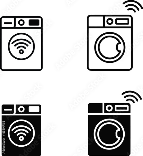 Four icons of smart washing machines with wi fi connectivity