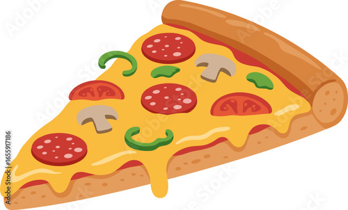 Delicious slice of pepperoni and mushroom pizza with melted cheese and green peppers