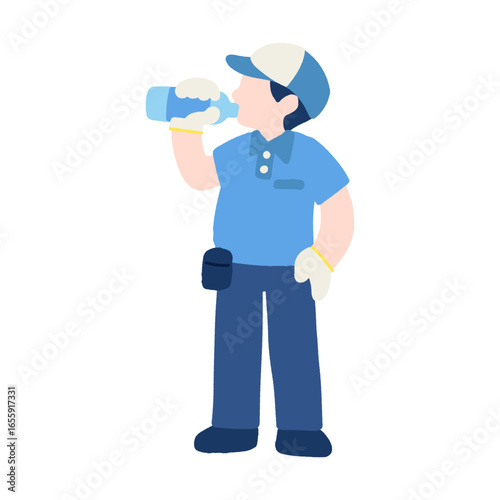 水分補給をする働く人(配達員)のフラットなイラスト