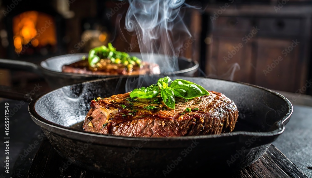 Fototapeta premium Sizzling Steak in Cast Iron Pan with Basil Garnish and Rising Smoke