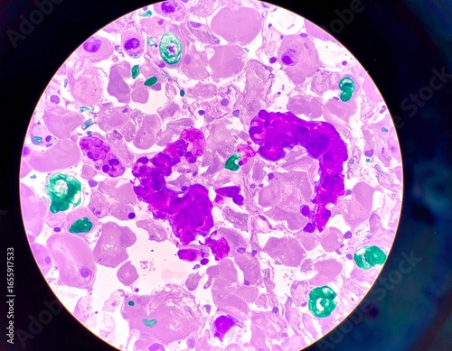 Microscopic view of a bone marrow smear showing large, purple-stained Gaucher cells with their characteristic wrinkled cytoplasm.