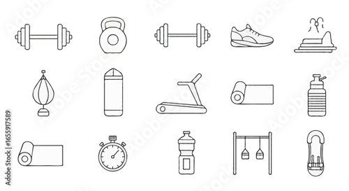 Vector Gym & Workout icons set | Includes dumbbell, barbell, kettlebell, running shoe, treadmill, punching bag, yoga mat, stopwatch, water bottle, protein shaker, pull-up bar, and resistance band