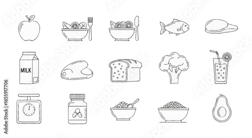 Vector Nutrition & Diet icons set | Includes apple, salad bowl, fish, chicken breast, milk carton, bread loaf, smoothie glass, broccoli, measuring scale, vitamin bottle, grain bowl, and avocado