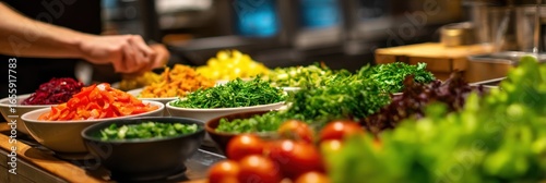 Fresh salad bar with colorful vegetables and ingredients at restaurant buffet line