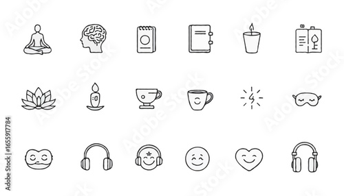 Vector Mental Wellness icons set | Includes meditation pose, brain, lotus flower, journal, tea cup, candle, breathing exercise symbol, sleep mask, headphones, heart with smiley face, yoga mat