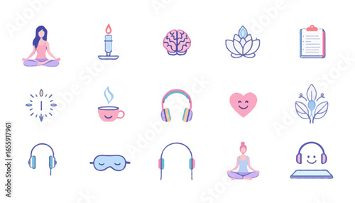 Vector Mental Wellness icons set | Includes meditation pose, brain, lotus flower, journal, tea cup, candle, breathing exercise symbol, sleep mask, headphones, heart with smiley face, yoga mat