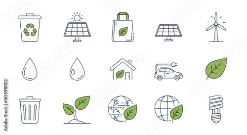 Vector Sustainability & Eco-friendly icons set | Includes recycling bin, reusable bag, solar panel, wind turbine, electric car, eco house, water droplet, compost bin, green leaf, globe, plant sprout