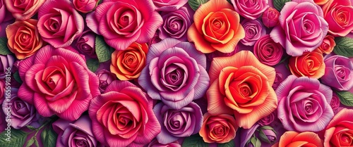 Intricate, continuous blooming rose pattern in vibrant hues,  high-resolution,  vibrant