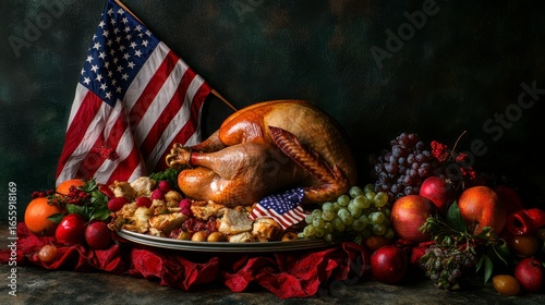 Thanksgiving Feast with Turkey, Fruits, and American Flag Display