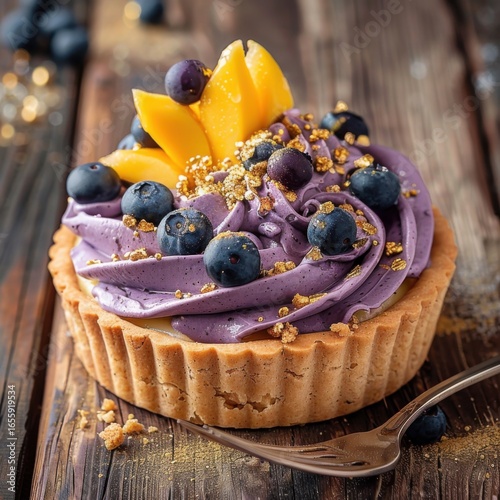 A golden tart crust embraces swirls of purple sweet potato cream. Mango slices, blueberries, and gold dust create a delightful combination. A fork awaits on a wooden surface