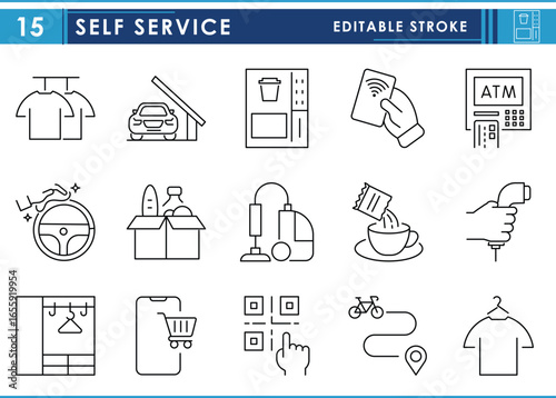 Self Service related line icons. Laundry, clean, grocery, parking, charging and so on. Vector editable stroke.