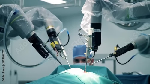 Advanced robotic surgery in a sterile operating room with a focused surgeon and high-tech equipment