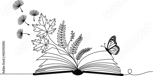 Open book with wildflowers and butterfly emerging in a whimsical sketch