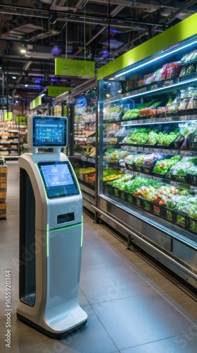 Utonomous robot scanning shelves in supermarket aisle with produce and vegetables