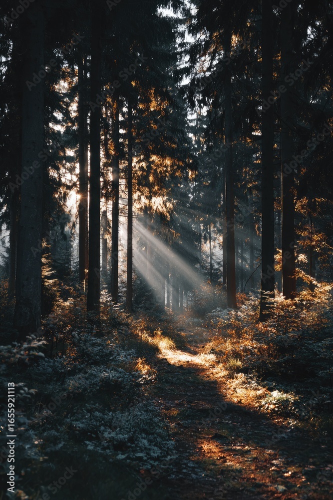 Naklejka premium Sunbeams pierce a dark forest, illuminating a path through autumnal undergrowth