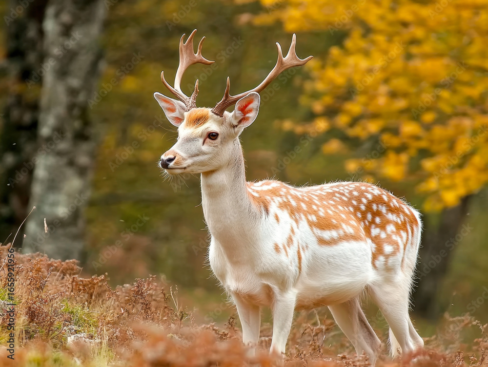 Fototapeta premium fallow deer Dama dama wildlife antlers fawn western male European graze in meadow nice eyes fur forest in mountains
