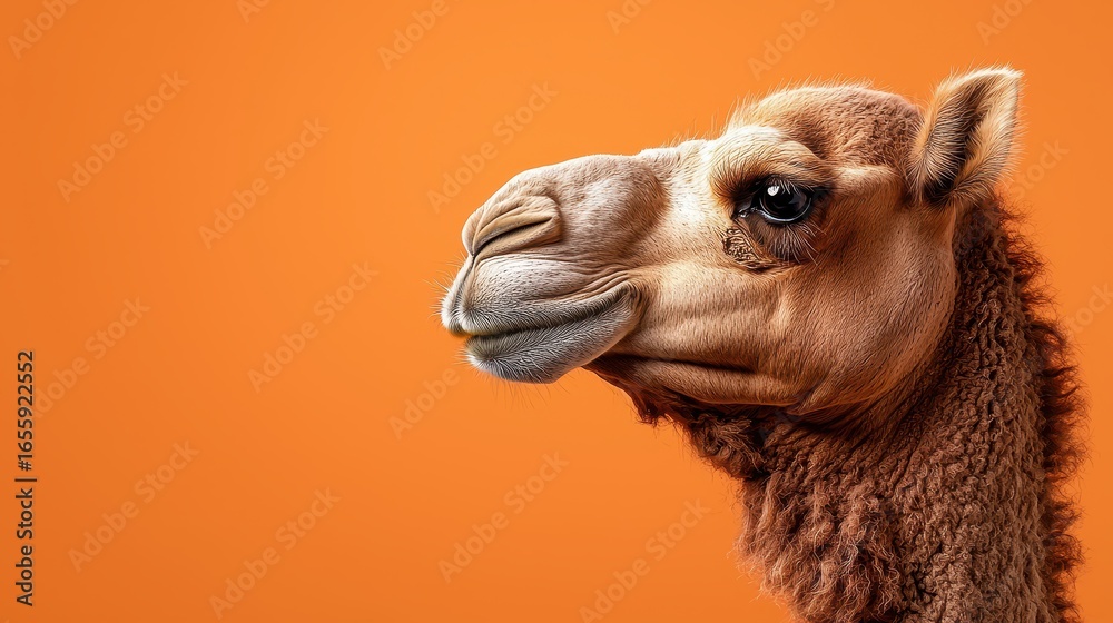 Obraz premium Close-up Profile of a Camel with Rich Texture Against a Bright Orange Background