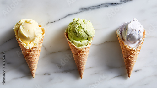 Three ice cream cones on a marble surface, showcasing delicious flavors in an overhead view.