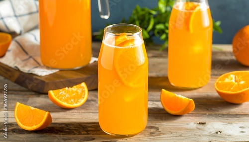 Refreshing orange drink in glasses and pitcher