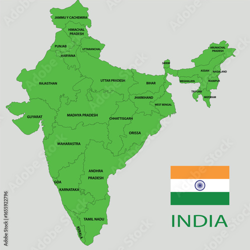 "Detailed India map with states and union territories- Political administrative divisions"