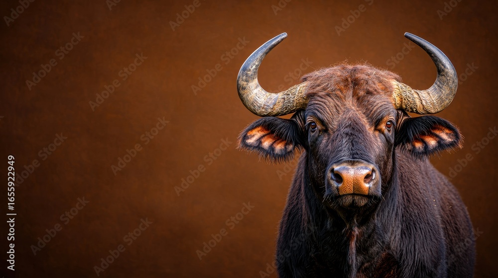 Naklejka premium Majestic Close-Up of a Strong Water Buffalo with Large Curved Horns on a Warm Brown Background