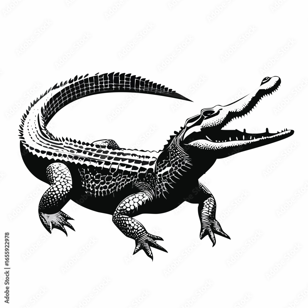 Fototapeta premium Detailed illustration of an alligator with its mouth open, showcasing its textured skin and powerful tail.
