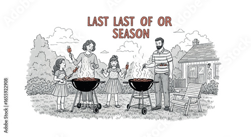 Happy Family Grilling Barbecue in Backyard Illustration