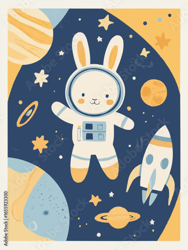 Cute poster with bunny astronaut floating in space with rocket, star and planet, bold flat cartoon look, playful mood, perfect wall art for kids room and nursery