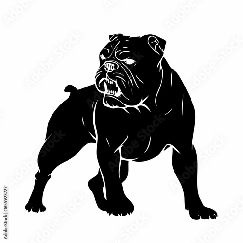 A powerful black and white silhouette of a bulldog, standing alert, muscles tense, ready for action.