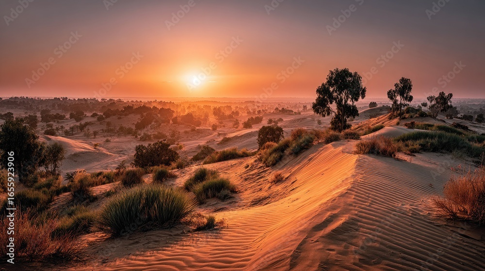 Obraz premium Sunset over a vast, undulating desert landscape, with sparse vegetation and a few trees silhouetted against the fiery sky