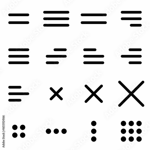 Black flat user interface icons of hamburger dot and close symbols