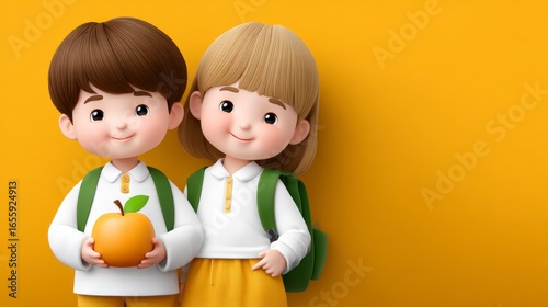Smiling Children in School Uniforms with Backpacks and Orange on Yellow Background