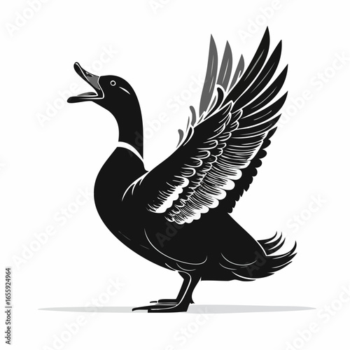 A stylized illustration of a duck with its wings spread and beak open, likely quacking.
