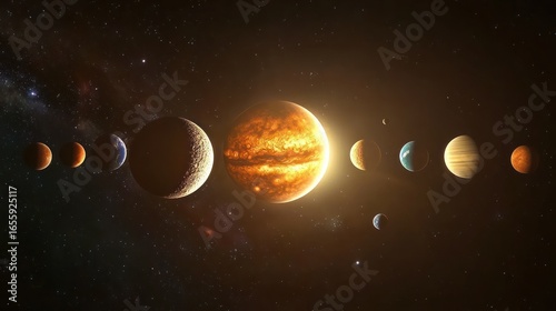 Solar system planets aligned, star, space.