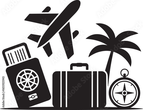 Travel icons bundle airplane suitcase passport palm tree compass isolated