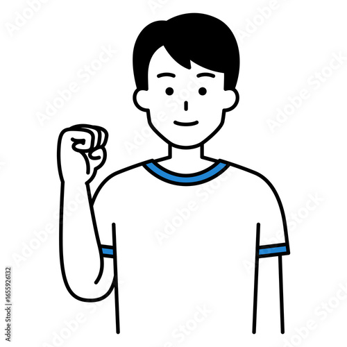 ガッツポーズをする体操着の男子学生