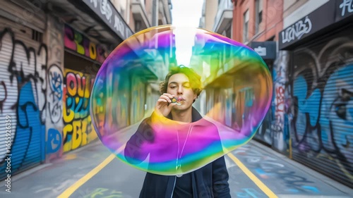 A cool young person blows a giant iridescent soap bubble that frames their face in a vibrant graffiti alley